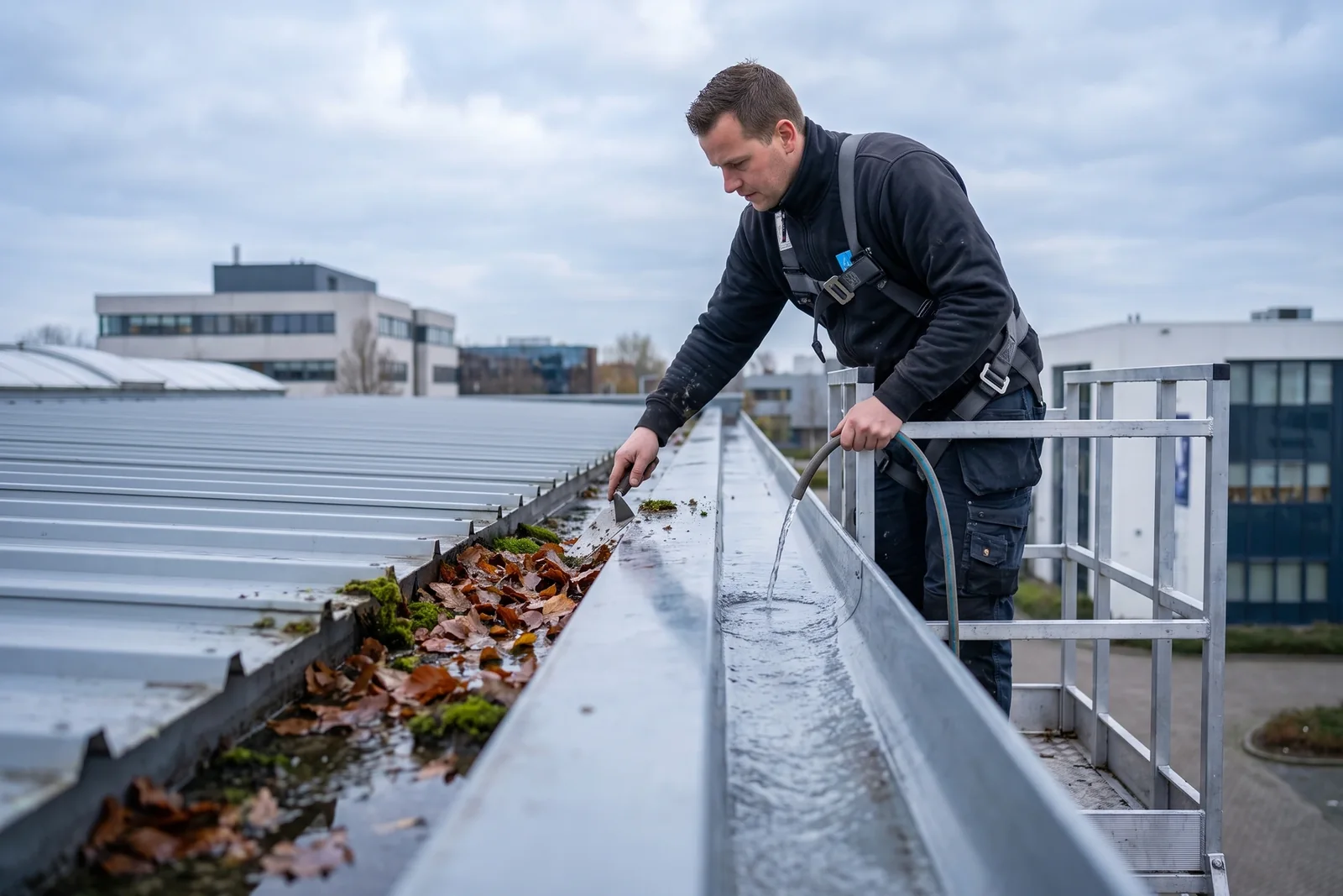 Monteur haalt blad en mos uit een lange metalen dakgoot van een bedrijfspand