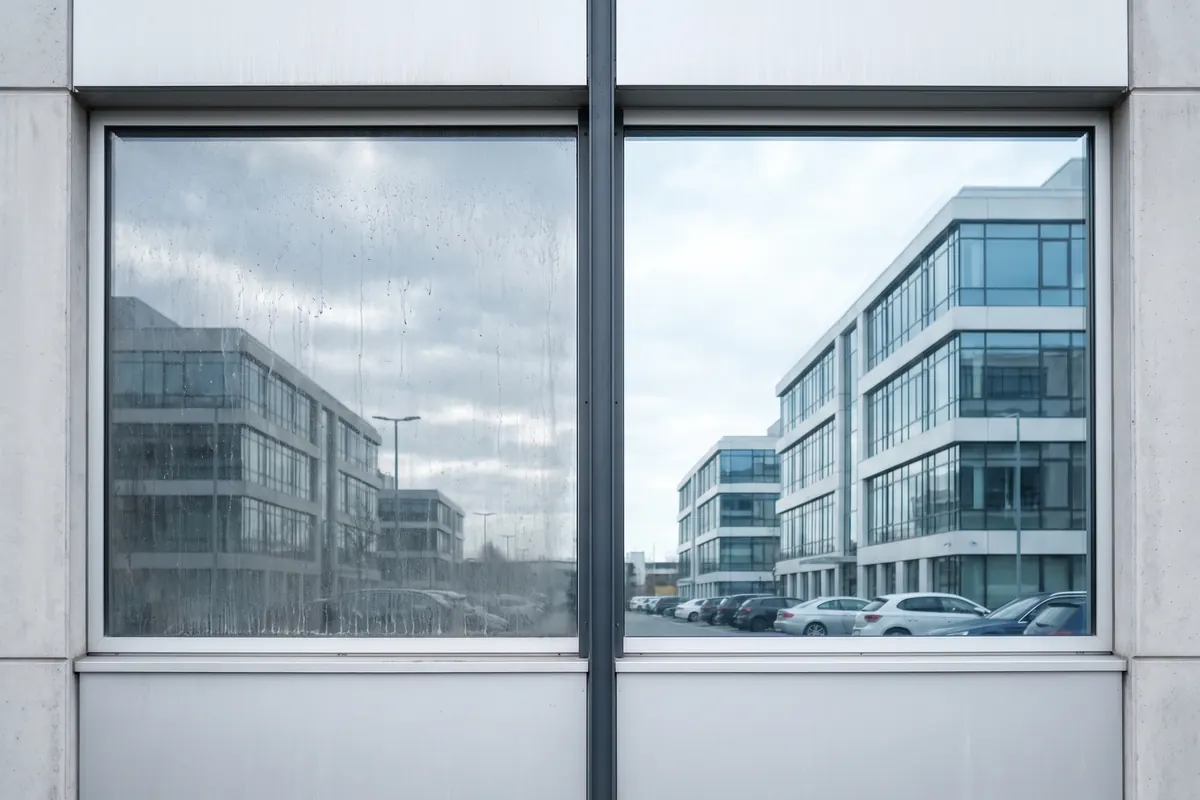 Eén kantoorraam met twee ruiten: links nog dof en bespat, rechts streeploos schoon.