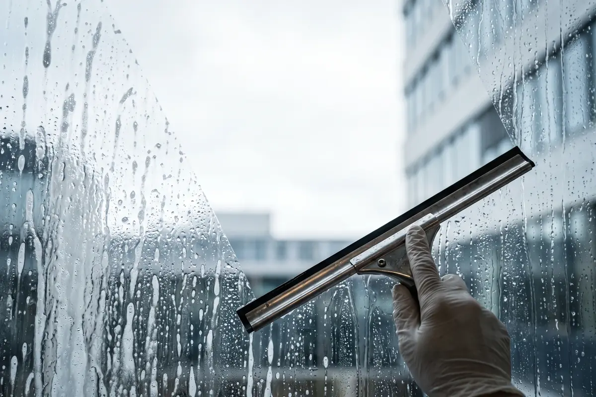 Een trekker haalt het water in één beweging van een beslagen kantoorruit.