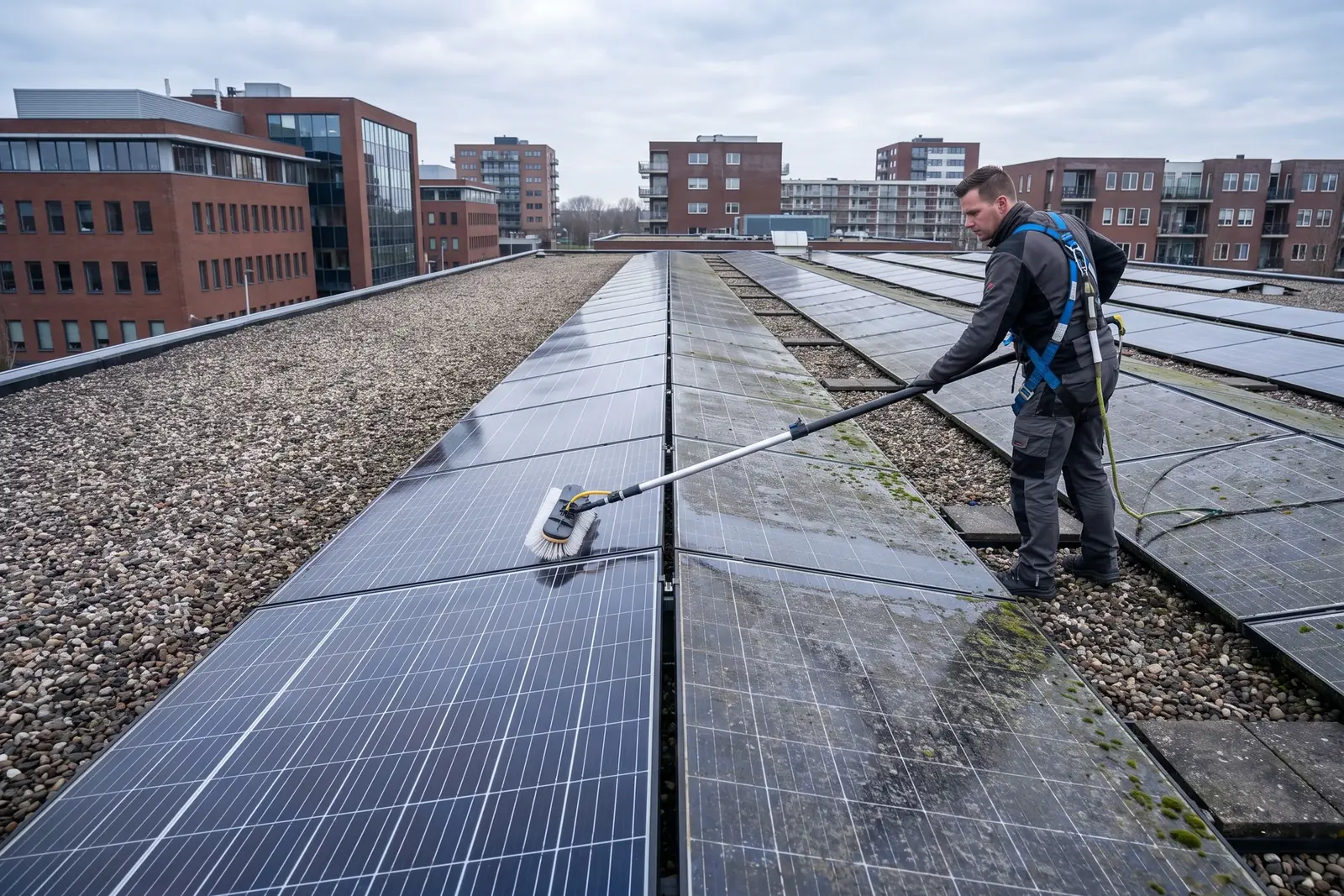 Zonnepanelen op een plat bedrijfsdak worden geborsteld; links schoon, rechts nog dof