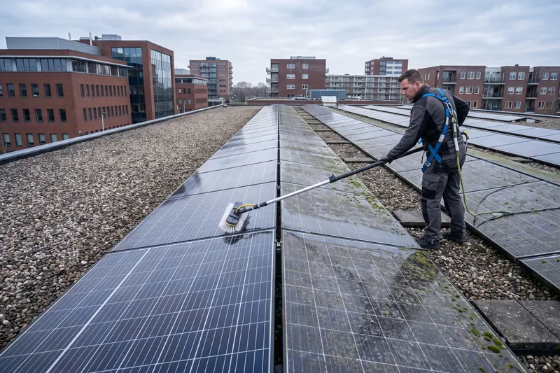 Zonnepanelen op een plat bedrijfsdak worden geborsteld; links schoon, rechts nog dof